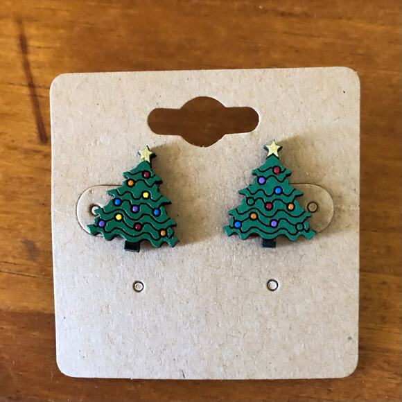 Handmade Jewelry - Green Christmas Tree Stud Earrings - Hand Painted Wood, Hypoallergenic